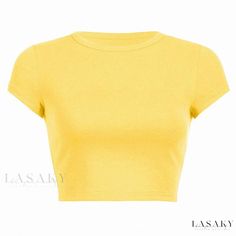 Lasaky - Solid Color Short Straps with Customizable Design - A Professional Choice Ladies Tops Blouses, Womens Summer Shorts, Sun Yellow, Yellow Crop Top, Yellow Shirt, Purple Shorts, Yellow Shirts, Short Sleeve Cropped Top, Red Outfit