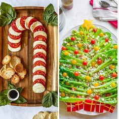 two pictures with different types of food on them and one is decorated like a christmas tree