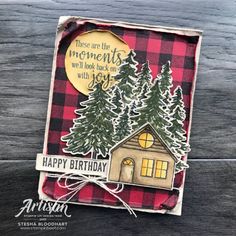 a handmade card with a house and trees on it, the words happy birthday written in