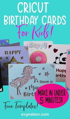 8 Cricut Card Birthday Templates for kids. Use with your Cricut or Silhouette to create birthday cards. Birthday Cards Cricut Free, Cricut Verjaardag, Kids Party Invitations Cricut, Happy Birthday Card Cricut, Cricut Birthday Cards Free Pop Up, Free Svg Birthday Cards For Cricut