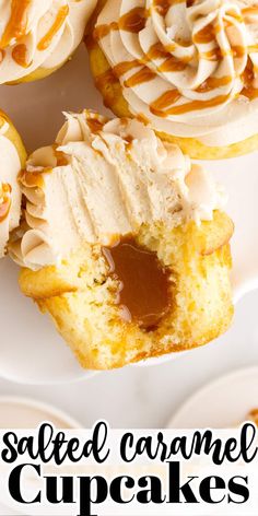 caramel cupcakes on a plate with the words salted caramel cupcakes