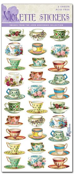 the violet stickers are filled with teacups and saucers, all in different colors