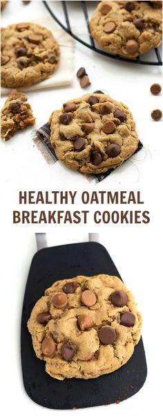 chocolate chip cookies on a cooling rack with the words healthy oatmeal breakfast cookies