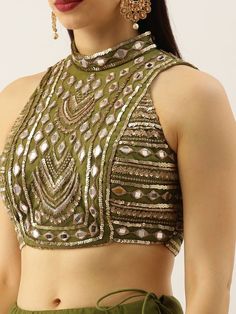 Mirror Work Choli, Mirror Lehenga, Lehenga Stitching, Choli Blouse Design, Olive Colour, Dori Work, Olive Fabric, Mirror Work Blouse Design, Lehenga Dupatta