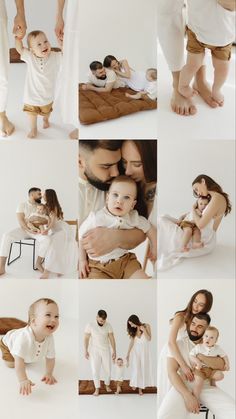 a collage of photos showing people and babys in white outfits with their parents