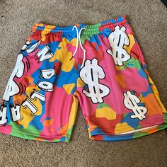 Brand New Never Worn Pink Letter Print Bottoms For Streetwear, Multicolor Cotton Sports Bottoms, Multicolor Cotton Bottoms With Letter Print, Casual Pink Athletic Shorts For Beach Season, Pink Letter Print Short Bottoms, Multicolor Sports Bottoms For Summer, Fun Pink Shorts For Summer, Pink Cotton Shorts With Letter Print, Pink Shorts For Summer Streetwear