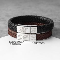 "This leather bracelet is engraved with Kid's name and birthday on the bigger charm and kid's stats on the smaller charms. This is the perfect gift for Dad on Father's day, at Christmas or a special day. P R O D U C T ∙ I N F O * Materials: 2 stainless steel magnetic clasps & PU leather cord. * Clasps size are approx 15/16'' x 3/8'' and 3/8'' x 3/8'' * Word limits: 5-7 words for long side / 2-3 words for short side * Sizing: We have three sizes: Size S: wrist size (5 1/2 - 6 1/3 inches; 14-1 Engraved Leather Bracelets, Dad Bracelet, First Time Dad Gifts, First Time Dad, Personalized Leather Bracelet, Genuine Leather Bracelet, Personalized Bracelet, Mens Anniversary Gifts, Gifts For New Dads