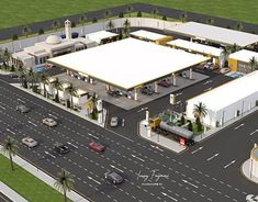 an artist's rendering of a gas station in the middle of a road with cars and trucks