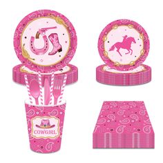 pink and gold cowboy themed party supplies including plates, napkins, cupcakes and cake