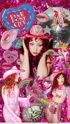 a collage of women in pink outfits and hats with disco balls, stars, hearts, and balloons