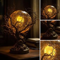 the light is glowing in the dark, and it looks like an orb with branches growing out of it