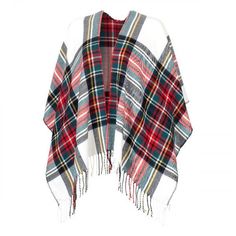 a plaid ponchy with fringes on it