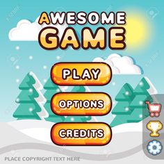 an app game with snow and trees in the background, which says awesome game play options credits