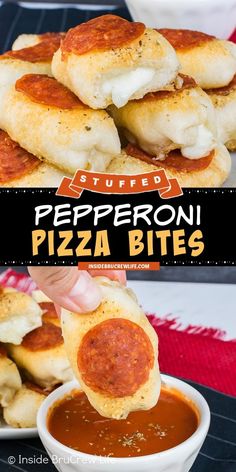 pepperoni pizza bites are being held up by a hand with dipping sauce on the side