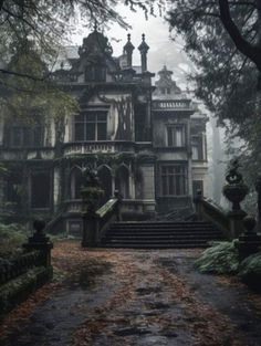 an old house in the woods with stairs leading up to it