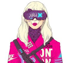 a woman with white hair wearing a pink jacket and blindfold