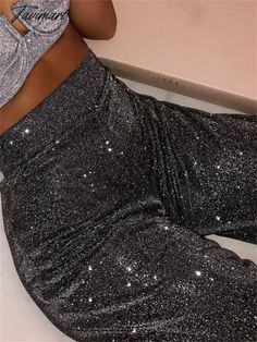 Tavimart Sparkly Sliver Party Pants For Women Party Night Clubwear Glitter Long Trousers Leggings Female Fashion Wide leg Pants Sparkly Pants, Trench Coat Dress, Party Pants, Zipper Pants, Long Trousers, Pantalon Large, Ankle Length Pants, Women Pants Casual, High Waisted Trousers