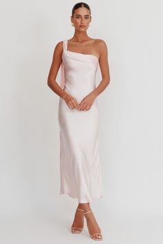 Shop the Carmel One-Shoulder Sash Maxi Dress Blush | Selfie Leslie One-shoulder Satin Strapless Dress For Prom, One-shoulder Satin Maxi Dress For Night Out, One Shoulder Satin Maxi Dress For Night Out, Pink Satin One-shoulder Dress With Asymmetrical Neckline, Feminine One-shoulder Midi Dress For Wedding, Satin One Shoulder Sleeveless Prom Dress, One-shoulder Bias Cut Dress For Prom, One Shoulder Bias Cut Dress For Prom, One Shoulder Satin Midi Dress For Summer