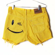 #ghdcandy #yellow Cute Smiley Face, Footie Pajama, Frayed Denim, Yellow Shorts, Smiley Face, Smiley, Diy Clothes, Dress To Impress