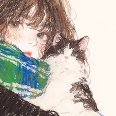 a drawing of a child holding a cat