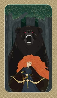 a woman with an orange hair is standing in front of a black bear and holding a bow