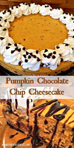 pumpkin chocolate chip cheesecake with whipped cream and chocolate drizzles on top