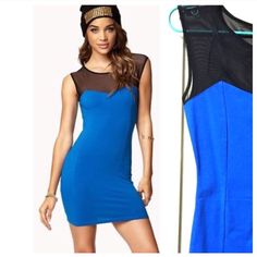 Sexy Royal Blue Colored Dress With Black Mesh At Top From Forever 21. Bodycon Style Sleeveless With A Romantic Sweetheart Neckline, Color-Block. No Zippers, Stretchy Material Body Hugging. Vertical Lining For A Slimming Effect. New With Tag, Price Is Cut. Questions Welcomed. Forever 21 Bodycon Dress For Date Night, Forever 21 Trendy Bodycon Dress For Date Night, Trendy Fitted Forever 21 Bodycon Dress, Chic Fitted Bodycon Dress By Forever 21, Trendy Forever 21 Bodycon Summer Dress, Trendy Forever 21 Bodycon Dress For Summer, Casual Forever 21 Bodycon Dress For Night Out, Forever 21 Stretch Bodycon Party Dress, Forever 21 Stretch Bodycon Dress For Party