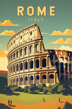 Rome Italy Colosseum Travel Art Vintage Poster Rome Poster Vintage, Rome Travel Poster, Rome Wall Art, Rome Graphic Design, Italy Graphic Design, Rome Postcard, Vintage Travel Posters Art Deco, Italy Vintage Poster, Colosseum Art