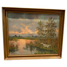 an oil painting of a river scene with a dog in the foreground and clouds in the background