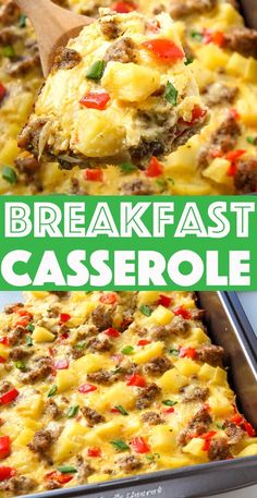 breakfast casserole with sausage and cheese in a pan