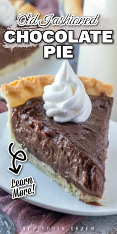 an old fashioned chocolate pie on a white plate with whipped cream and a glass of milk in the background