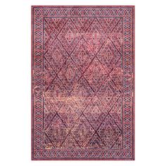 a pink and purple rug with an intricate design on the bottom, in front of a white background