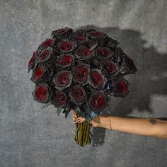 a person holding a bouquet of roses on a gray background with shadow from their hand