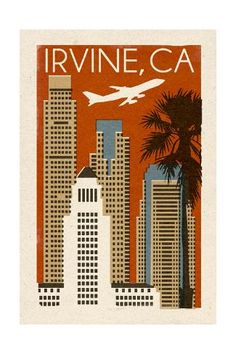 an old style poster with the words los angeles in front of tall buildings and a plane flying over them