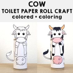 three toilet paper roll crafts with cows on them and the words cow in different colors