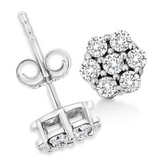 Floral and beautiful, these .925 sterling silver stud earrings feature sparkling lab grown diamonds in a prong setting. These earrings have a total diamond weight of 1/4 cttw, and is crafted of real 92.5% sterling silver that has been electro-coated with genuine rhodium (a platinum-family metal), a precious metal that will keep a tarnish-free shine for years to come. The notched posts and friction backs keep these pierced earrings safe and secure on your ears for comfortable, wear all day long. Diamond Flower, Flower Earrings Studs, Flower Studs, 2 Carat, Sterling Silver Studs, Sterling Silver Earrings Studs, Round Cut Diamond, Silver Earrings Studs, Silver Studs