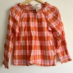 Nwt J Crew Summer Gingham Bow Blouse - Xs Colors Are Soft Orange, Peach, Pink And White With Ruffle Detailing At Collar And Cuffs And Tie Bow In The Back. Flat Measurements - Bust - 14” Sleeve - 22” Length - 21” Spring Plaid Cotton Tops, Cotton Gingham Top For Daywear, Plaid Tops For Summer Daywear, Plaid Cotton Tops For Daywear, Spring Plaid Cotton Blouse, Plaid Cotton Blouse For Spring, Cotton Plaid Blouse For Spring, Casual Gingham Blouse For Daywear, Long Sleeve Gingham Top For Summer