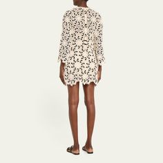 Zimmermann "Ottie" lace mini dress featuring scalloped trim  Crew neckline Long sleeves Shift silhouette Hem falls above the knee Invisible back zip  Cotton/polyester/nylon/polyamide Dry clean Imported Scalloped Trim, Lace Mini Dress, Bergdorf Goodman, Above The Knee, Crew Neckline, The Knee, Tops Designs, Dry Clean, Long Sleeves