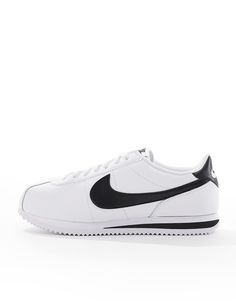 Nike Cortez leather sneakers in white and black | ASOS White High-top Sneakers With Contrast Sole For Jogging, Nike Sneakers With Contrast Sole For Jogging, Nike Sneakers With Contrast Sole For Running, Classic Running Shoes With Contrast Sole For Streetwear, Classic White High-top Sneakers For Jogging, White Custom Sneakers With Rubber Waffle Outsoles For Jogging, White Custom Sneakers With Waffle Outsoles For Jogging, Classic Nike Sneakers With Contrast Sole, Custom White Leather Sneakers For Jogging