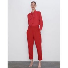 Two Piece Size Large Pants And Medium Blouse Color: Red Red Straight Pants For Office, Red Office Pants For Spring, Red Summer Office Pants, Red Straight Pantsuit For Spring, Chic Red Office Pants, Elegant Red Zara Bottoms, Red Pantsuit With Pockets For Work, Red Workwear Pantsuit With Pockets, Zara Red Workwear Pants