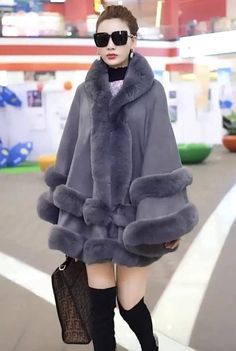 LOVEMI Fur coat Grey / One size Lovemi -  Faux Fox Fur Collar Fur Hooded Knit Cardigan Cape Cape Oversized Fur Coat, Mantel Cape, Hooded Knit Cardigan, Faux Fur Cape, Poncho Coat, Fur Cape, Winter Attire, Cape Jacket, Prom Dresses Two Piece