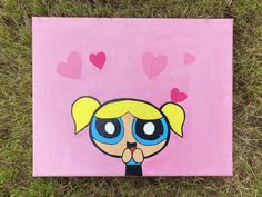 a painting of a cartoon character with hearts in the background, on pink canvases