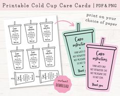 the printable cold cup care cards are shown with instructions for how to use them