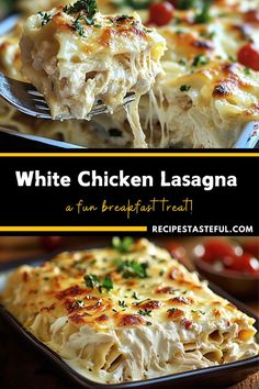 white chicken lasagna in a baking dish with a serving spoon and title overlay