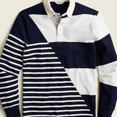 J.Crew Striped Rugby Shirt Large $69.50 Preppy Cotton Collared Tops, Preppy Navy Tops For Spring, Preppy Navy Top For Spring, Preppy Navy Spring Top, Navy Polo Collar Top For Fall, Navy Polo Collar Top For Spring, Preppy Navy Cotton Top, Preppy Long Sleeve Cotton Shirt, Preppy Collared Relaxed Fit Tops