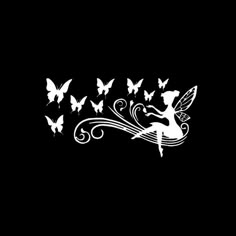 the fairy tinker and her butterflies wall decal is shown in white on a black background