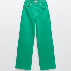 Nwt Zara Green High Waisted Wide Leg Jeans, 12 Brand New Zara Solid Color Full Length Wide Leg Jeans In Green, 12 Five Pocket Hight Waisted Jeans W/ Wide Legs & Front Zip/Metal Button Closure 100% Cotton Thans For Looking!!! High Waist Straight Jeans, Mom Denim, Trousers Casual, Pink Denim, Red Pants, Casual Blazer, Crop Top Blouse, Denim Trousers, Casual Streetwear