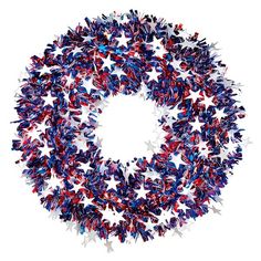 Patriotic Red, White & Blue Stars Tinsel Wreath | PartyGlowz July 4th Wreaths For Front Door, Patriotic Table Decorations, Tinsel Wreath, American Flag Wreath, Independence Day Flag, Twig Wreath, Wreath Hanger, Patriotic Stars, Patriotic Party