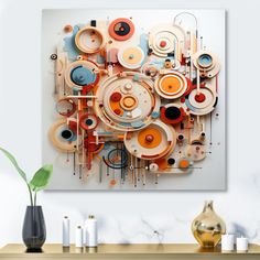 an abstract painting on the wall above a table with vases and other items in front of it