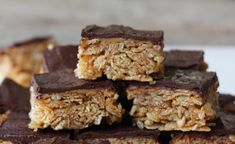 chocolate and oatmeal bars stacked on top of each other